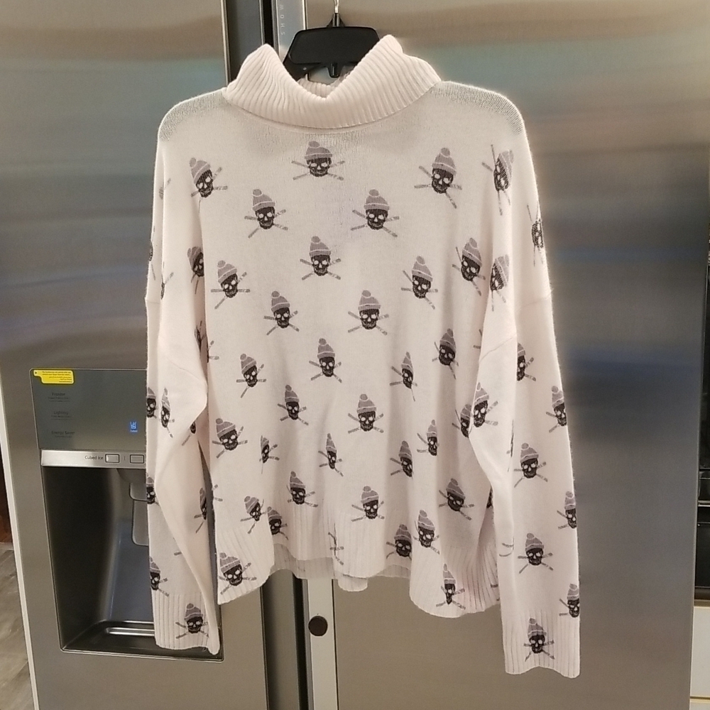 💕SKULL CASHMERE💕 Ski Skull Print Pullover Turtleneck Sweater ~ Off White L NWT